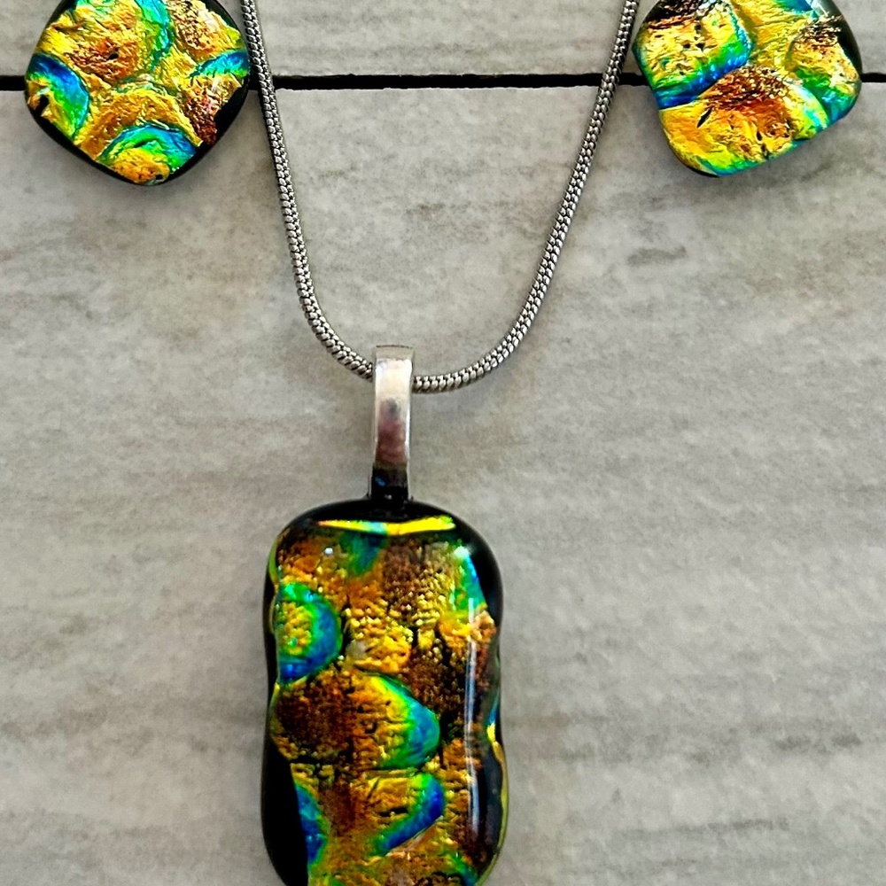 Multicolored dichroic fused glass pendant and earrings set